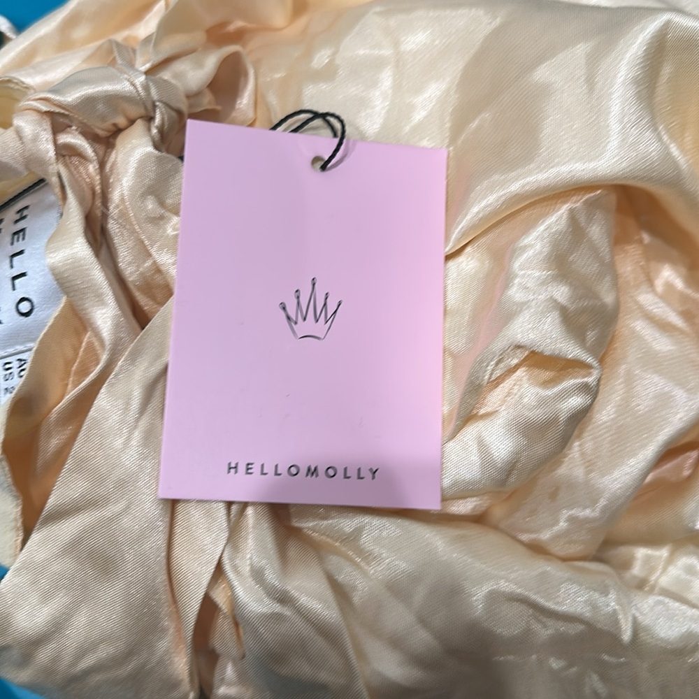 NWT HELLO MOLLY NIGHT IN CABANA SATIN mini DRESS YELLOW cross back tie sz 2 - Picture 8 of 10